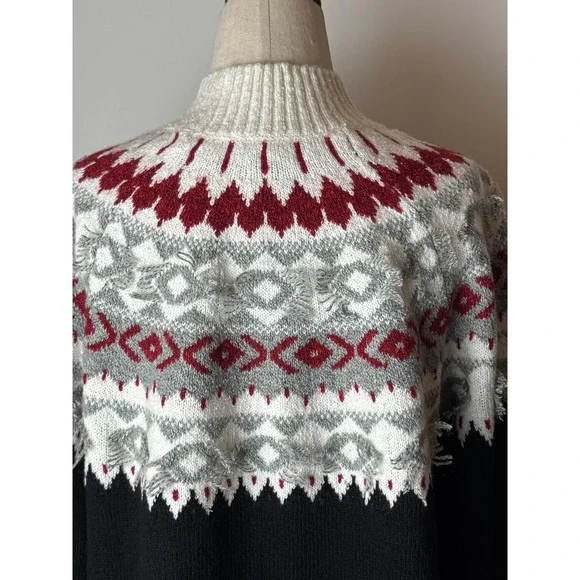 J Jill Sweater Women Medium Petite Black‎ Ivory Fair Isle Nordic Knit Mock Neck - Picture 9 of 12
